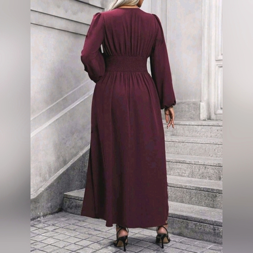 NEW Chic Ruched Waist Lantern Sleeve Maxi Dress PLUS Burgundy Wine Red Purple - Picture 4 of 10